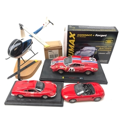 Three Diecast vehicles comprising - Burago & Mattel 'Dino 246 GT' and Welly 'Porsche Boxster', Beta R22 model Helicopter, Numax 12v Battery Charger and a Micro Car Stat   