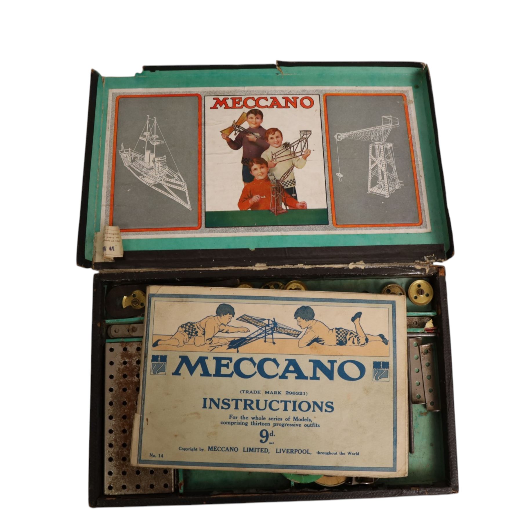 Early 20th century Meccano outfits, comprising 'Engineering in Miniature' set no. 1, 'Engineering for Boys' set no. 0, Accessory Outfit no. 1A, Accessory Outfit no. 3A and one other