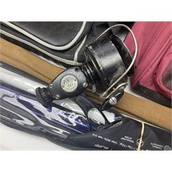 Collection of fishing memorabillia and equipment, including an Allcocks three piece split cane trout fly rod, Shakespeare Salt 3600 surf rod, two tackle bags, Old Red Seastreak multiplier reel, Sportext Saltwater fixed spool reel, fishing dvds, etc