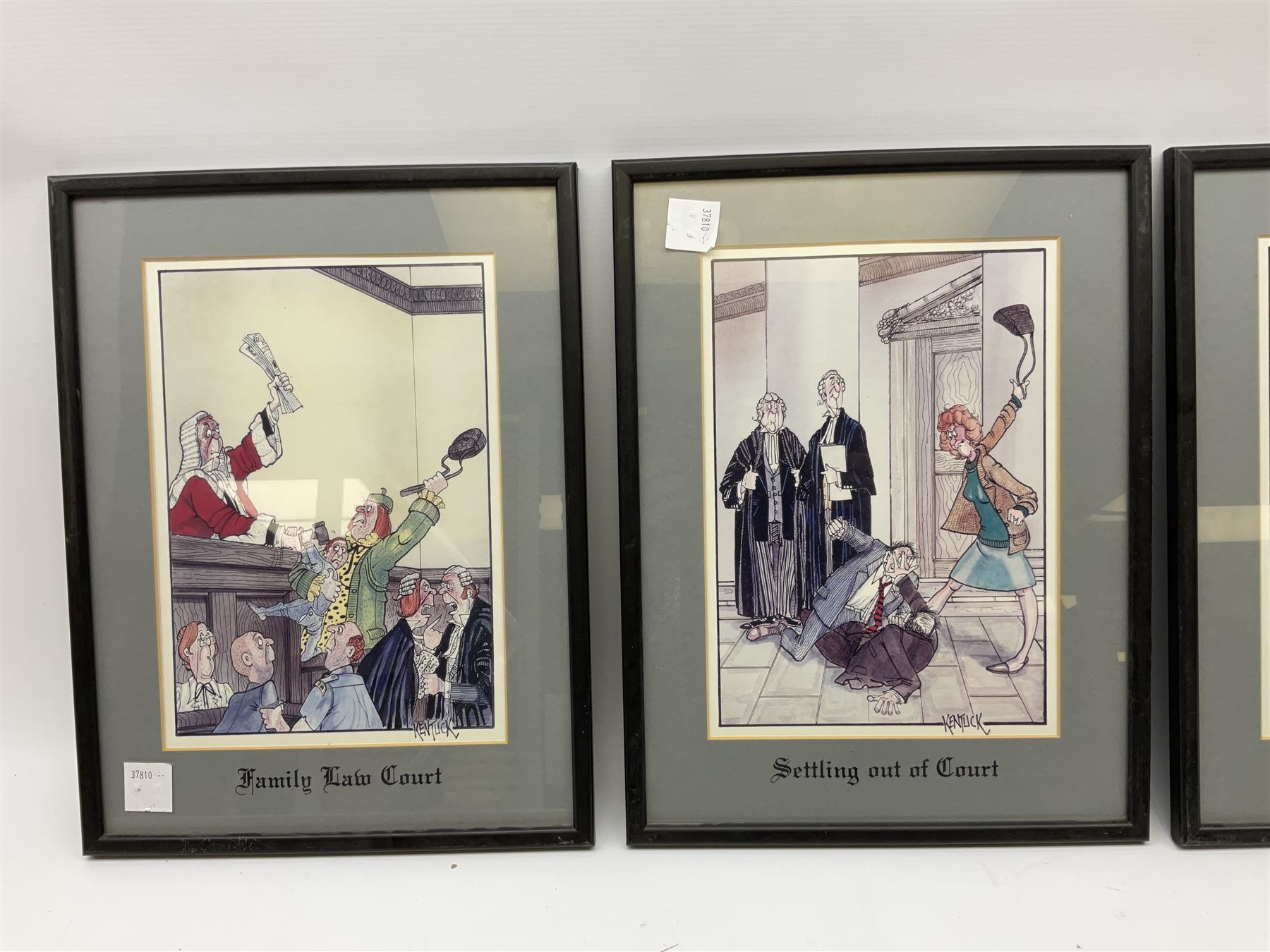 After Tony Kentuck set four courtroom cartoon prints, together with vintage reproduction of 19th Century advert, and further cartoons and prints (15)