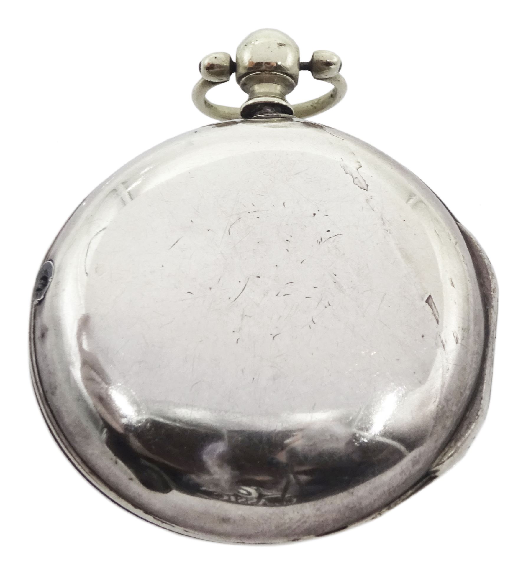 George III silver pair cased verge fusee pocket watch by John Richards, London, pierced and engraved balance cock, white enamel dial with Arabic numerals, bull's eye glass, case by Thomas Gosling, London 1778/80