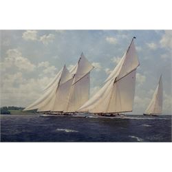 Roger Davies (British 1945-): Racing Yachts - 'Lulworth Westward and Shamrock V', limited edition print signed and numbered 17/850 in pencil 50cm x 75cm