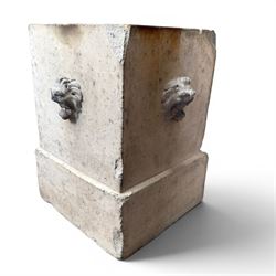 J M Blashfield - pair of 19th century buff terracotta garden urn plinths, square form with stepped base, decorated with relief lion masks
