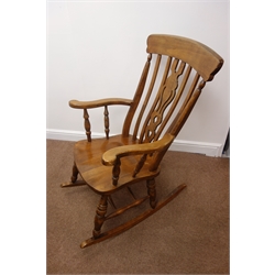  Victorian farmhouse style oak rocking chair, double 'H' stretcher, W68cm  