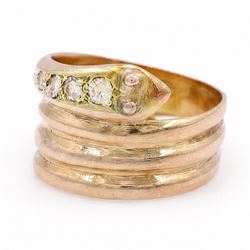 19th / early 20th century 9ct gold diamond coiled snake ring, the head set with four graduating old cut diamonds