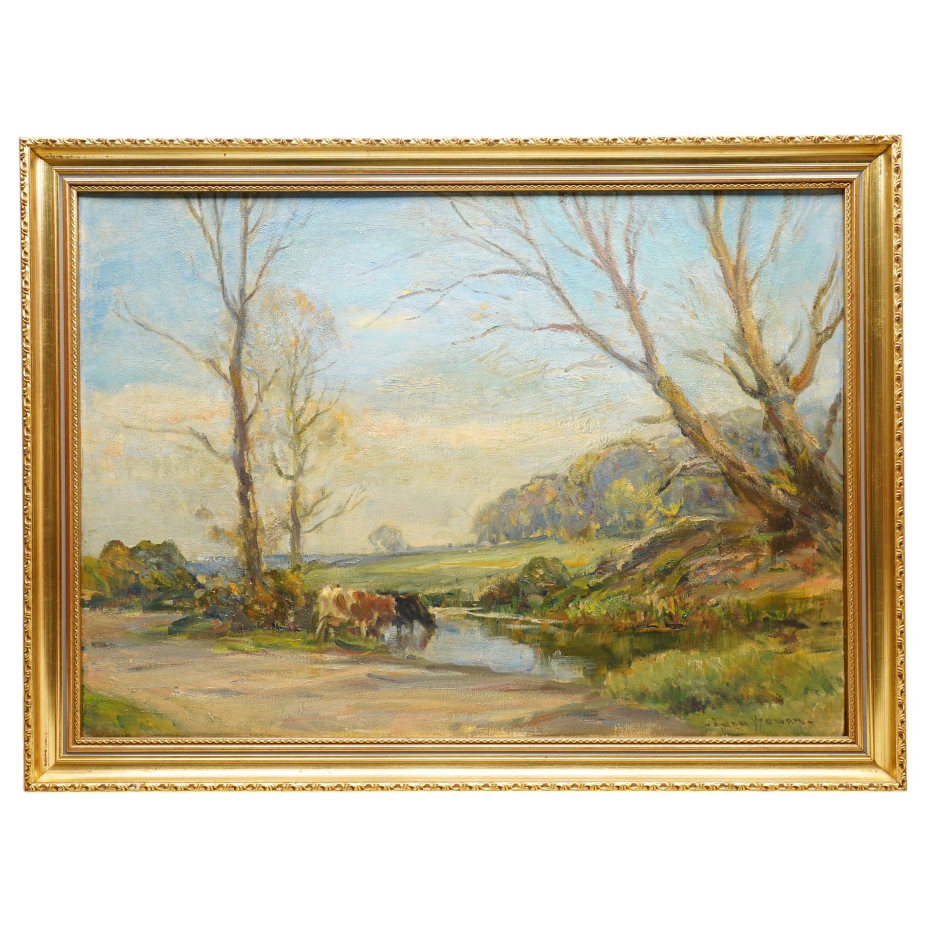 Owen Bowen (Staithes Group 1873-1967): Cattle Watering at Rural River, oil on canvas signed 54cm x 76cm