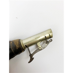 Victorian large copper powder flask embossed with a hunting scene within an oak leaf border with stag and fox heads, the nozzle marked 'Extra Quality Sykes Patent', fitted with four suspension rings H24cm; together with Victorian leather shoulder shot flask with Sykes nozzle L80cm (2)