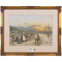 Runswick Bay and other local watercolours, and a fishermen print (4)