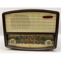 1950s Bush Type DAC 90A valve radio in brown Bakelite case, W29cm D19cm H22cm, two mid-century Ekco radios in Bakelite cases comprising Model U.195 and U.245, and further Pye Bakelite cased radio