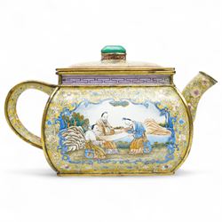 Chinese Qianlong enamel bombé shaped teapot, decorated with scenes of scholars examining a...