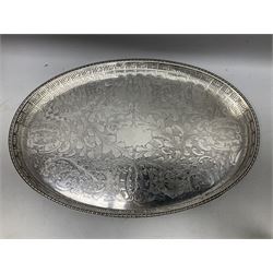 Viners of Sheffield silver-plate tea/coffee wares, the rims decorated with bands of flowers, and chased oval tray with swag decorated gallery, L39cm