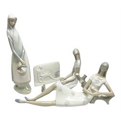 Three Lladro figures, comprising Girl with Daisy no 1023, Basket of Goodies no 4501 and Girl Thinking no 4567, with a Lladro collectors plaque, largest example H32cm