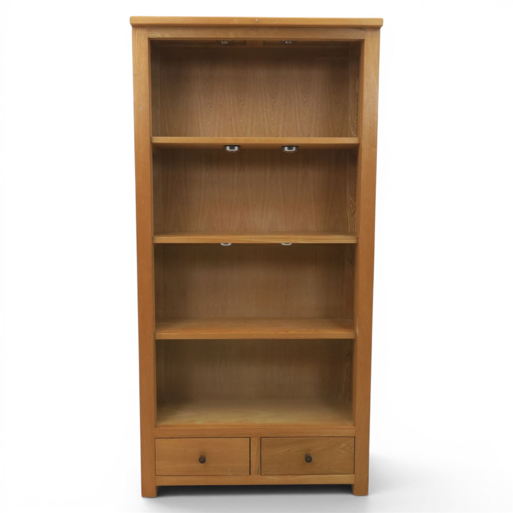 Contemporary oak open bookcase, fitted with two base drawers