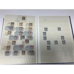 Mostly Great British Queen Victoria stamps, including penny black with black MX cancel, 1840 two pence blue with black cancel, imperf penny reds singles and pairs, perf penny reds stars and plates, various postmarks or cancels, penny reds on pieces or covers, halfpenny 'bantams', other QV issues with some higher values etc, housed in a blue stockbook