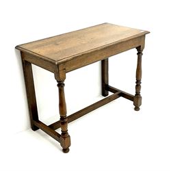 Late 19th century oak side table, baluster supports joined by stretcher 