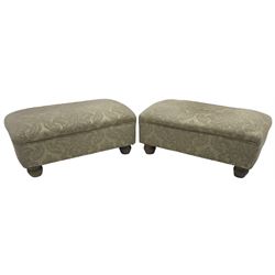 Traditional design three-piece lounge suite - three-seat sofa (W220cm, H90cm, D90cm); two armchairs (W115cm); and two footstools (77cm x 43cm, H31cm); upholstered in cream damask fabric