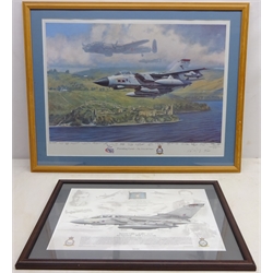  'Providing Cover - The First 60 Years', limited edition colour print after Ronald Wong, signed by the artist and 617 squadron pilots and navigators 47.5cm x 64cm and 'Tornado GR4...No. 617 Squadron', print signed by pilots and navigators 28cm x 43cm (2)   