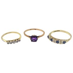 Gold milgrain set five stone graduating old cut diamond ring, stamped 18ct Plat, rose gold single stone amethyst ring and a gold ssapphire and diamond ring, both stamped or hallmarked 9ct