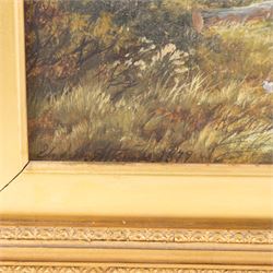 Continental School (20th Century): Harbour Scene, oil on canvas board indistinctly signed 58cm x 78cm; E Atkins (19th Century): Pastoral Scene, oil on canvas indistinctly signed and dated 1879, in gilt frame, 30cm x 60cm (2)