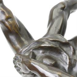 After Jef Lambeaux (Belgian 1852-1908): 'The Wrestlers' (Les Lutteurs), early 20th-century bronze group depicting two Hellenic classically nude male figures engaged in a violent athletic struggle or pankration event, on a naturalistic base signed, H63cm
Notes: the composition may plausibly be interpreted as Hercules and Antaeus, the mythological combat in which Hercules overcomes Antaeus by lifting him from the earth, thereby depriving him of his strength
