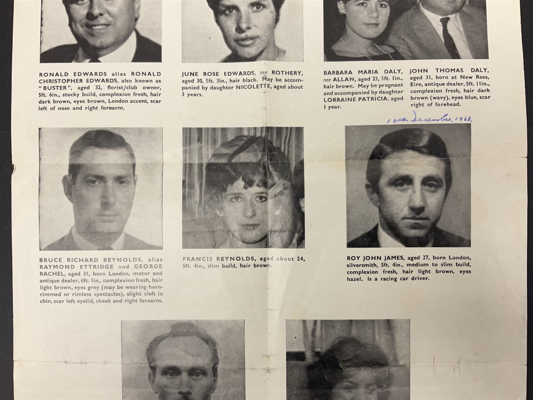 Great Train Robbery; Metropolitan Police printed poster, 'The Assistance of the public is sought to trace the whereabouts of the after described persons .....', printed by Wavell Press Ltd, 1963
Provenance by vendor repute: The poster was given to the vendor in 1985 by a colleague who was previously a detective sergeant of the Metropolitan Police, who had as a junior officer and worked on the case  of the Great Train Robbery. The hand written dates they were written on the poster when they were arrested   