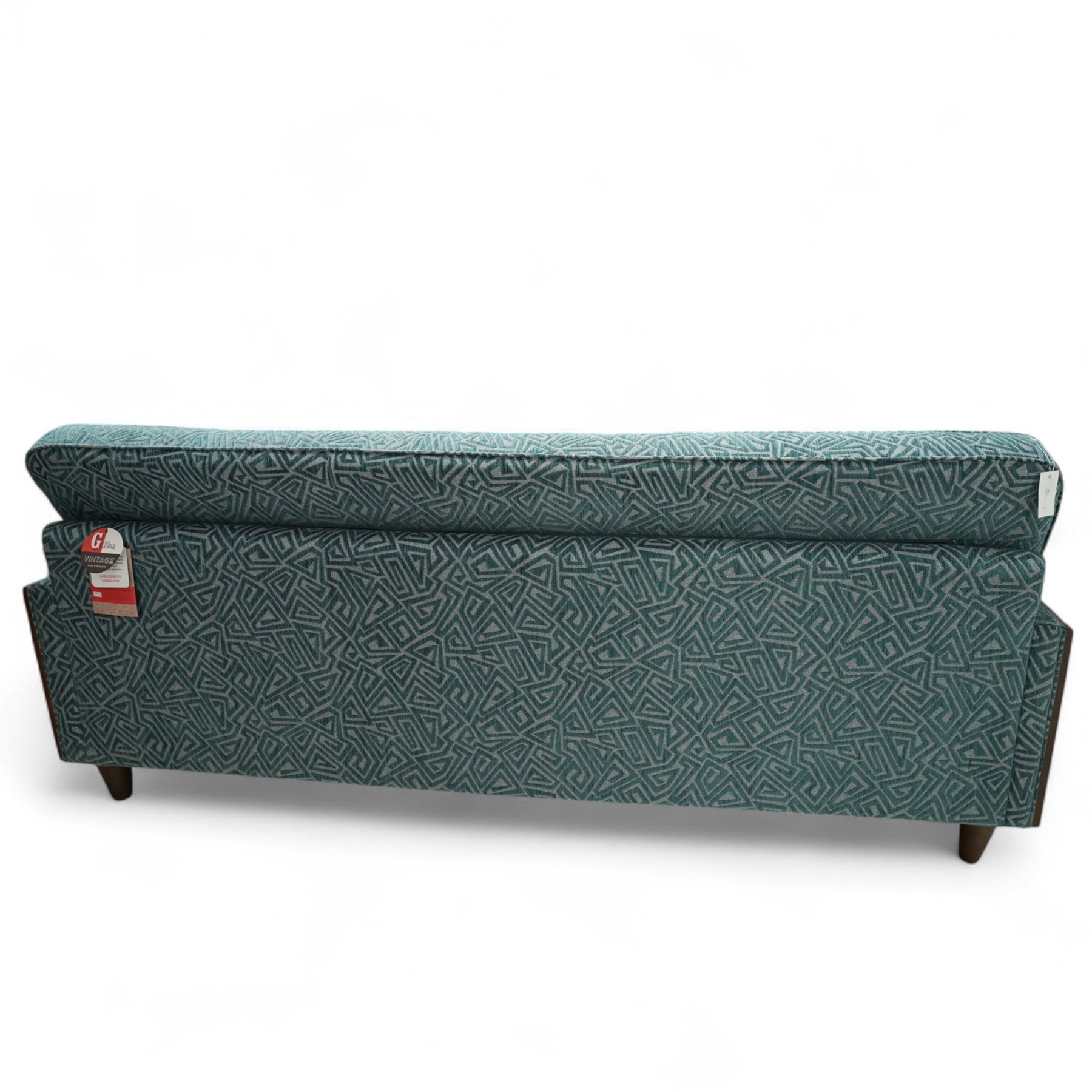 G-Plan Vintage - Contemporary unused Agatha 3 seater sofa, upholstered in G insignia fabric cushion seat and back cushion, rectangular side frame and matching fabric footstool, and additional unused seat cushion