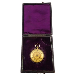 Continental 18ct gold ladies pocket watch, key wound stamped 18K, in velvet and silk lined case