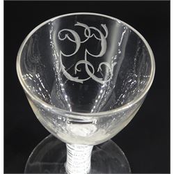Pair of 18th century drinking glasses of possible Jacobite interest, the ogee bowls engraved with moth and initials 'G.G.', upon a double series opaque twist stems and conical feet, H12cm