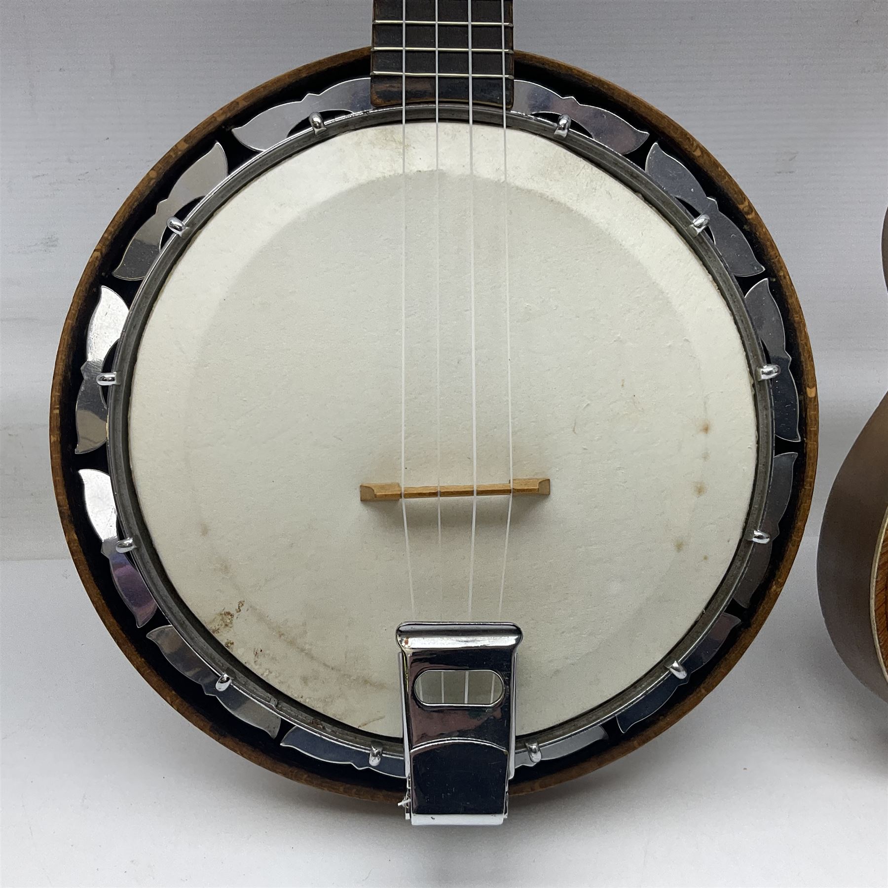 Trumelo BMI banjo ukulele no.3013 L58cm; in soft carrying case; and Kapok Brand guitar shaped ukulele L51cm (2)