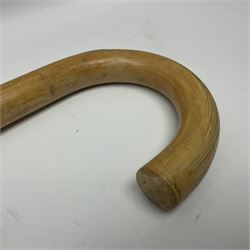 Late Victorian leather hunting whip, with antler handle and presentation engraving to hallmarked silver collars, together with a horse measuring walking stick, whip L205cm