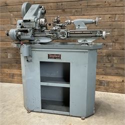 Myford Super 7 metal turning lathe with extensive collection of attachments, chucks, collets, bits; and precision metal saw