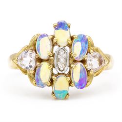 9ct gold opal, morganite and diamond cluster ring, three single cut diamond chips surround...