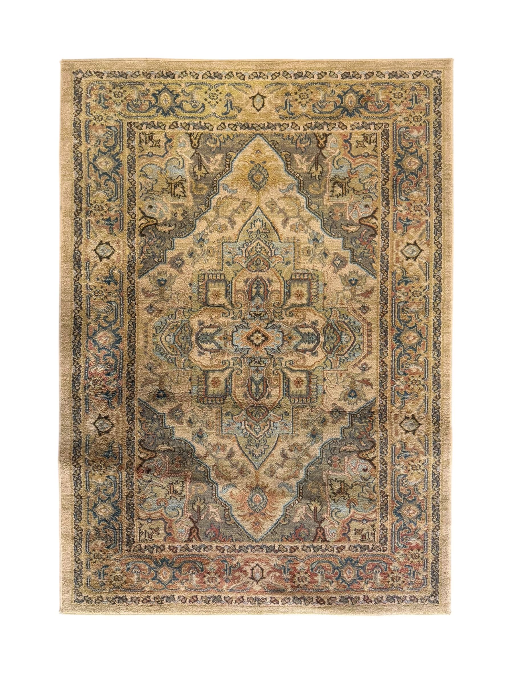 Ziegler-style machine-made rug, beige ground with a multicoloured central medallion and floral motifs, spandrels with scrolling designs, framed by a decorative border with intricate patterns