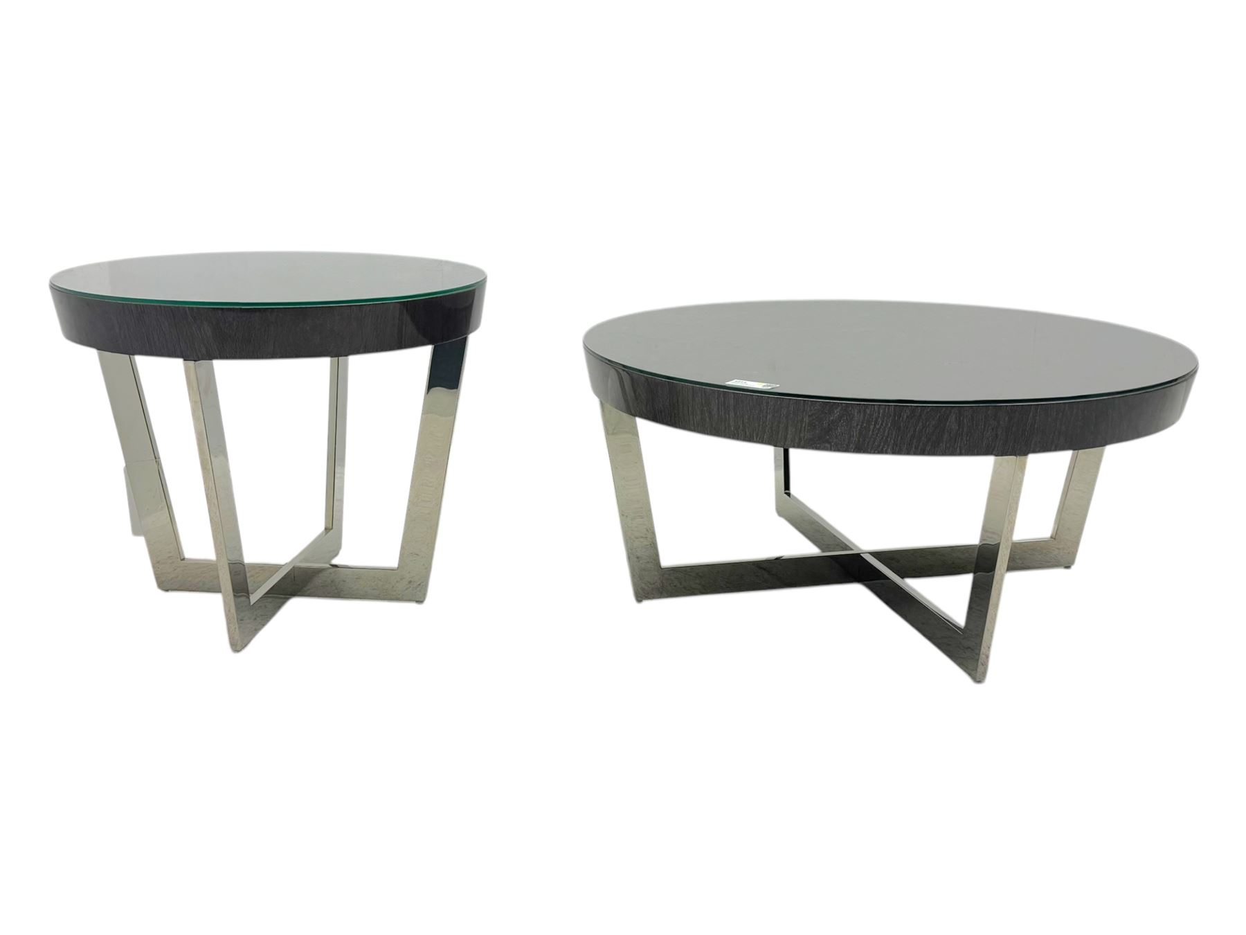 Napoli retailed by Sofology Coffee table (Diameter 90cm, Height 40cm) and matching Lamp table (Diameter 60cm, Height 50cm) both on a chrome cross frame base with glass tops 