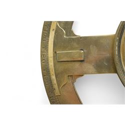 Ihon (John) Coggs of Fleet Street, London,- George II brass circumferentor (theodolite) c1730, housing a cylindrical glazed compass with a steel  indicating hand and engraved (formerly silvered) eight point compass rose to the centre, outer track divided into two-degree intervals and a subsidiary Arabic numeral chapter ring divided into ten minute intervals, mounted on a 12