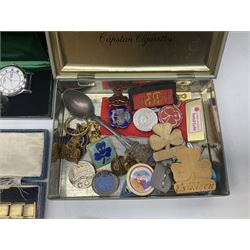 Papier-Mâché and mother of pearl snuff box, together with a collection of costume jewellery, cufflinks, watches etc