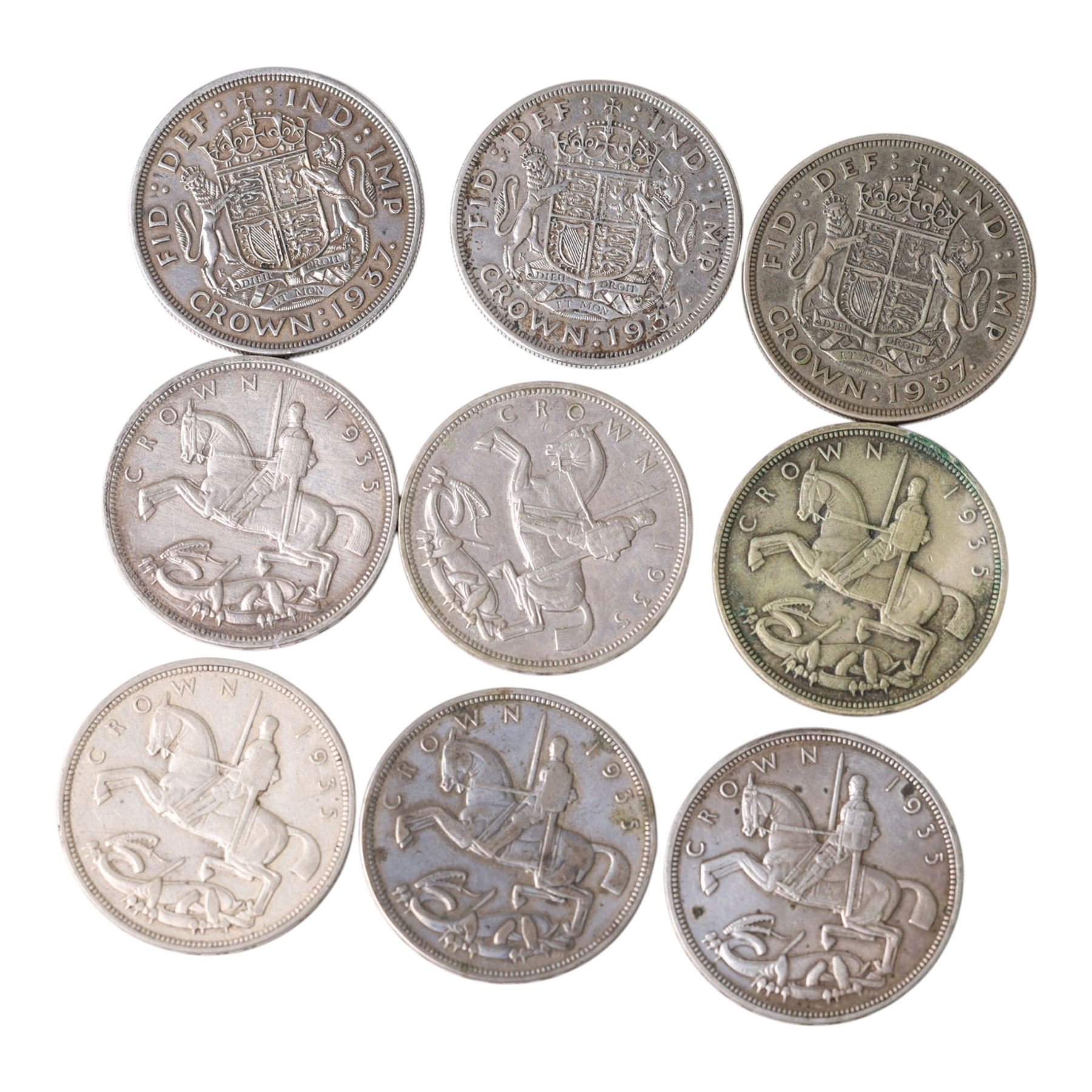 Six King George V 1935 'Rocking Horse' silver one crown coins and three King George VI 1937 silver one crown coins (9)
