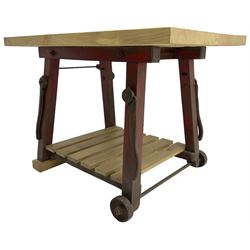 Kitchen island with rectangular maple top, on reclaimed machinery base with oak pot board, on block sledge feet
