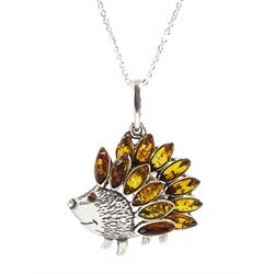 Silver amber hedgehog pendant necklace, stamped 925