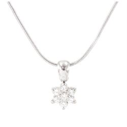 18ct white gold seven stone round brilliant cut diamond daisy flower head cluster pendant, on 9ct white gold chain, total diamond weight approx 0.30 carat