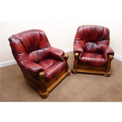  Italian red leather beach framed three seat sofa (W205cm) and two matching armchairs (W92cm)  