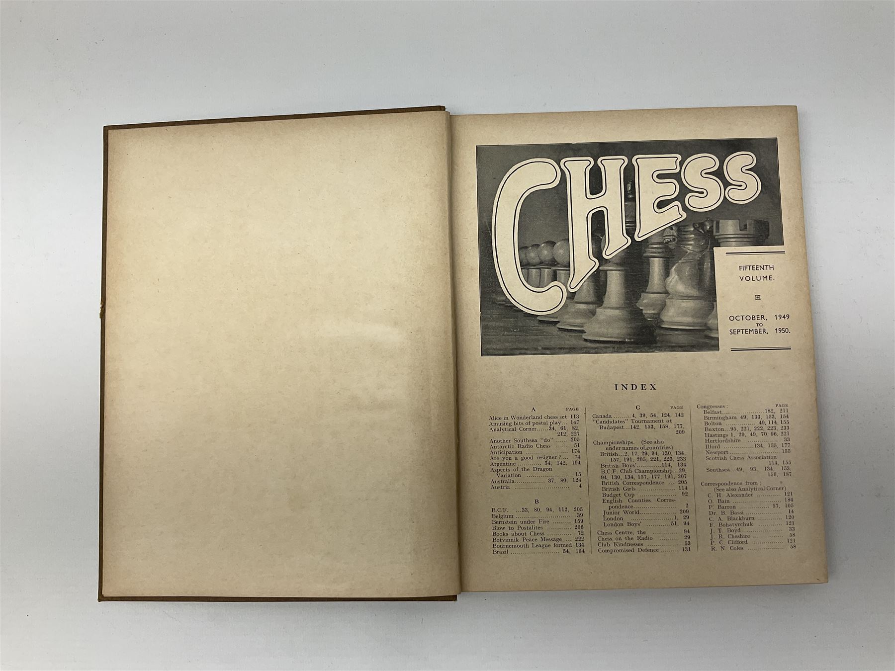 Three bound volumes of 'Chess' magazine 1946-50; fifteen issues of 'The BCCA Magazine' 1949-51; Chess Olympiad books 1970 &1972; and other books and pamphlets of chess interest