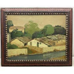 Decastro (Spanish 20th century): Houses at 'Toledo', impasto oil on board signed, titled and dated '49 verso 48cm x 62cm