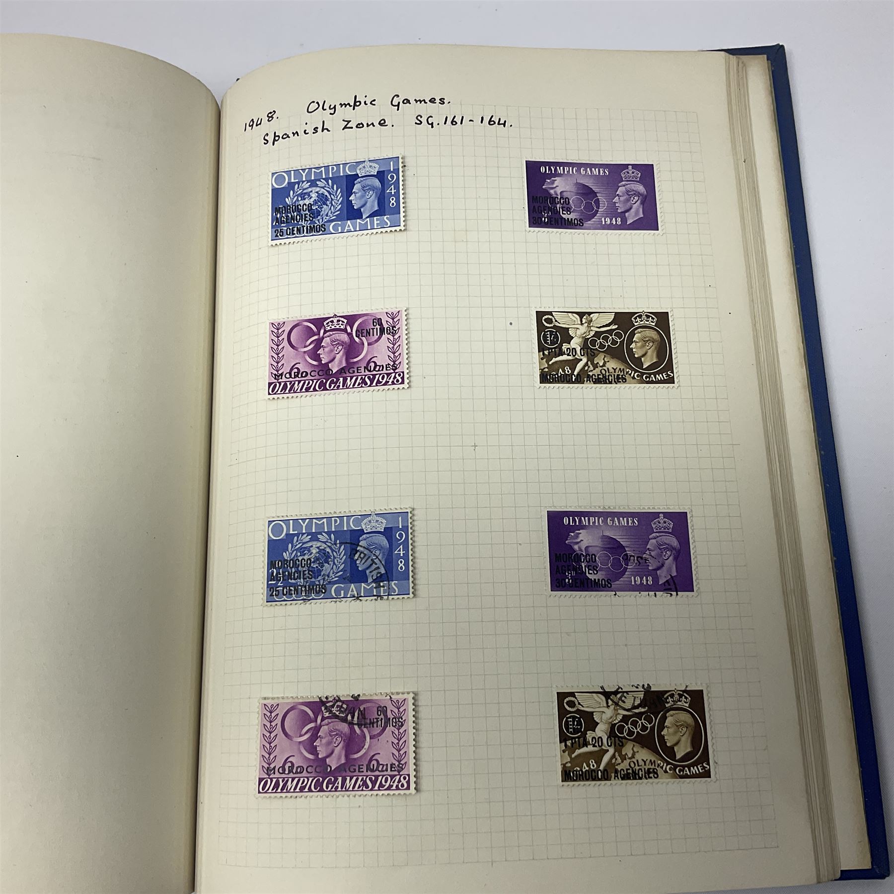 Queen Victoria and later Morocco Agencies and Tangier overprint stamps, including 1898 Morocco Agencies overprint on Gibraltar, some mint pairs, King Edward VII 1907-12 Morocco Agencies overprints with surcharge on two shillings and sixpence, five shillings and ten shillings, King George VI 1917-26 Morocco Agencies overprints on seahorses with half crown, five shillings and ten shilling values, Spanish French and International zones represented etc, housed in single blue album