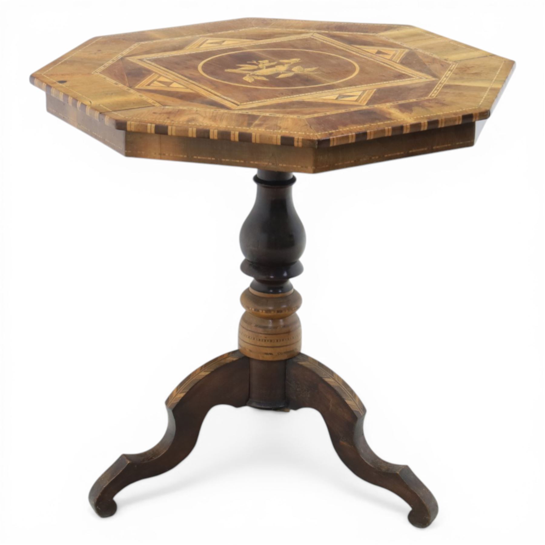 Mid-20th century Italian marquetry inlaid walnut centre table, octagonal top decorated with radiating panels and central foliate roundel, crossbanded borders with line inlay, raised on turned column and tripod base