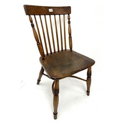 19th century Elm stick back dining chair, shaped cresting rail, turned supports joined by crinoline stretcher (W45cm) and two other chairs
