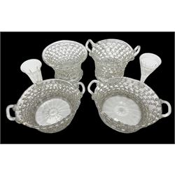 Pair of 19th century Lieges trailed glass openwork baskets of oval form with wrythen loop handles, together with a Lieges trailed openwork basket, of flared circular form with loop handles and similar basket, of flared circular form and two further glasses