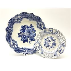 Meissen blue and white plate, with the onion pattern in a scalloped trellis boarder D18.5cm, Crown Wallendorf blue and white bowl D27,5cm.  