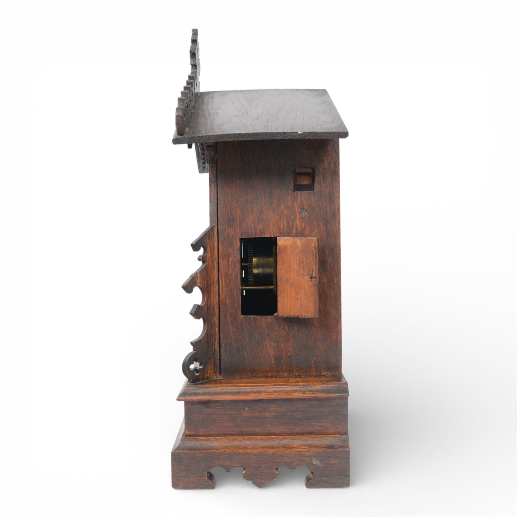 19th century Black Forest cuckoo mantel clock with carved architectural case, with eight day gong striking movement