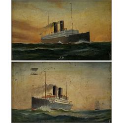 J H (Early 20th century): 'SS Cameronia' & 'SS Caledonia' - Steam Ship Portraits, pair oils on board, signed with initials titled and dated 1913 verso 14cm x 23cm (2)
Notes: The CAMERONIA was a Passenger/Cargo Vessel of 10,963 tons built in 1911 by D & W Henderson Ltd Glasgow, Yard No 472 for the Anchor Line, Glasgow. Her Maiden voyage was from Glasgow to Moville and New York on 13th September 1911. She acted as troopship from 1917. On the 15th April 1917 she was torpedoed and sank in 40 minutes when about 150 miles E of Malta. Around 200 lives lost out of approximately 2,700. The CALEDONIA also built by D. & W. Henderson & Co. Ltd., Glasgow in 1904 and owned at the time of her loss by Anchor Line (Henderson Bros.). Requisitioned by the British Government upon the outbreak of war in 1914, met her fate in the Mediterranean on December 5th, 1916. When 125 miles E. of Malta she encountered the German submarine U-65, which torpedoed her without warning. The captain, Capt. James Blaikie, attempted to sink the submarine by ramming and actually succeeded in striking her. Capt. Blaikie was taken prisoner by the Germans 